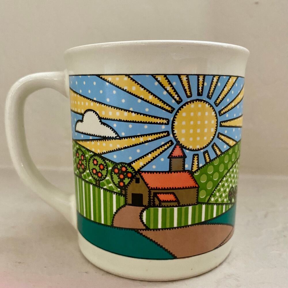 Vintage Mug Shanty Coffee Mug Cup Cottagecore Farm Cow Quilt Ceramic Patchwork